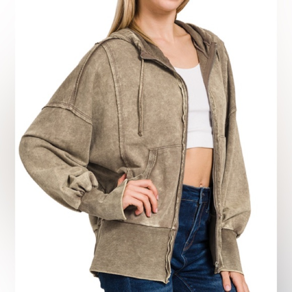Zenana Outfitters Washed Olive Zip Hoodie